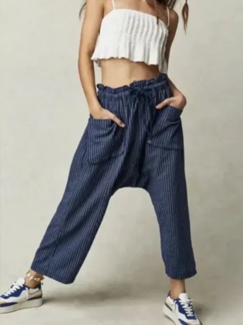 Free People Runyon Oversized Striped Harem Pant Blue Cotton Striped Baggy Small